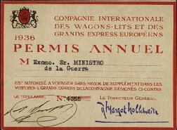 Compañía Internacional de Coches-cama y de Grandes Expresos Europeos. Permiso anual n.º 4355 Ministro de la Guerra. 1936